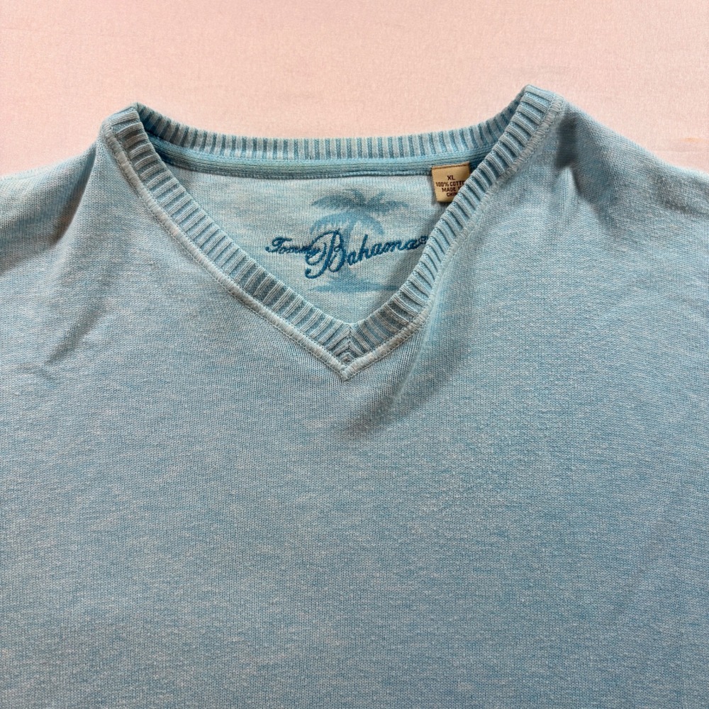 Tommy Bahama V-Neck Sweater Mens XL Blue Cotton Ribbed Side Panel Pullover